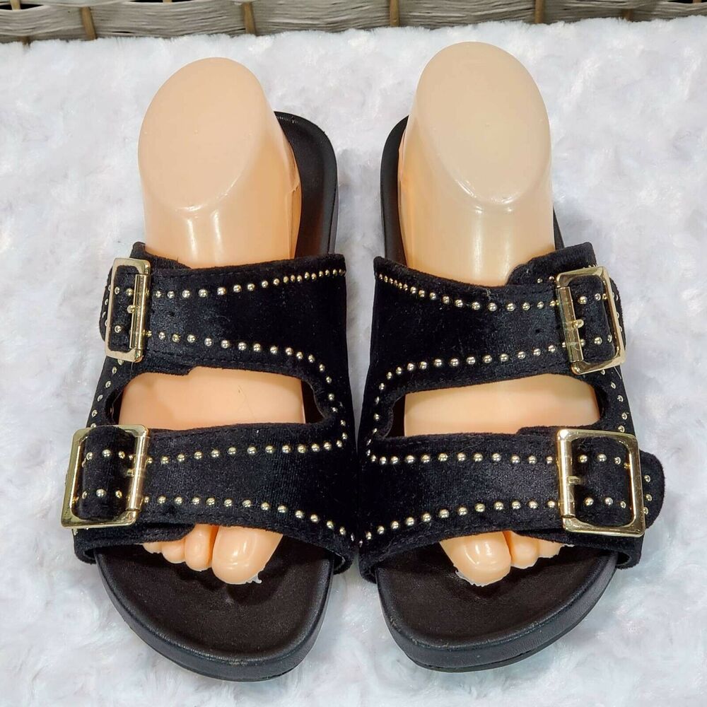 A New Day Womens 5 Footbed Sandals Black Velvet Gold Studs Double Strap Slip On - Picture 4 of 12